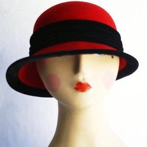 Wool Felt Fedoras Hat For Women Elegant Church Cap Red Black Trim Brim